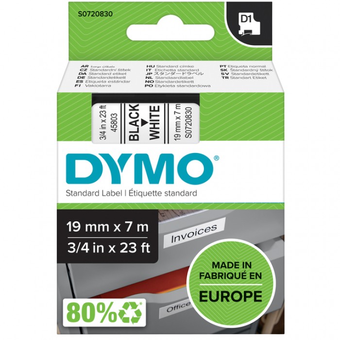 Labeltape Dymo LabelManager D1 polyester 19mm zwart op wit