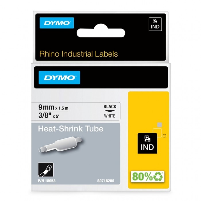 Labeltape Dymo Rhino industrieel krimpkous 9mm zwart op wit