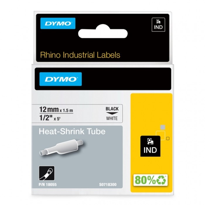 Labeltape Dymo Rhino industrieel krimpkous 12mm zwart op wit