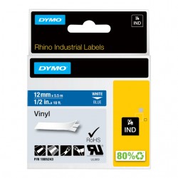 Labeltape Dymo Rhino 1805243 12mmx5.5m vinyl wit op blauw