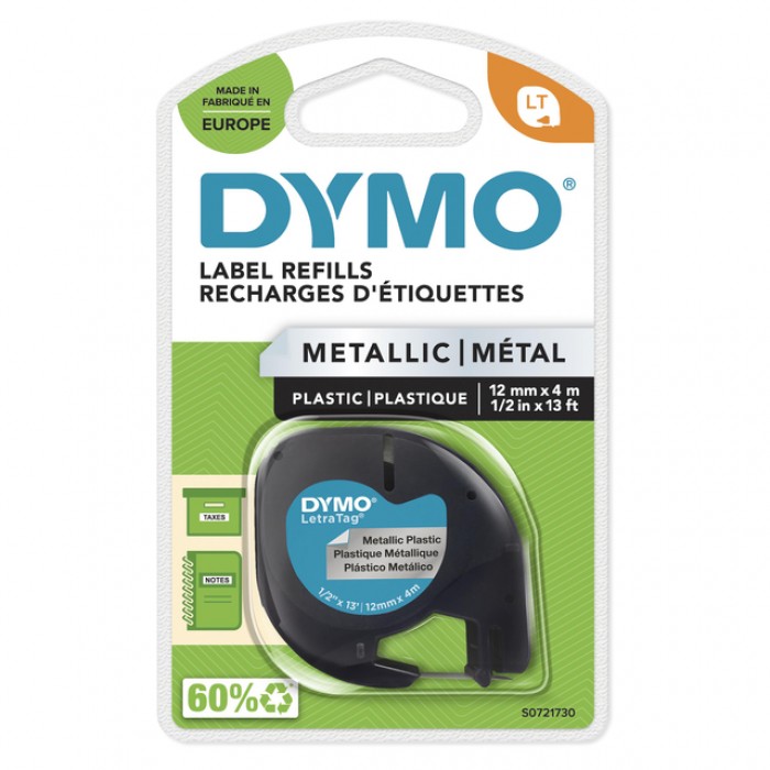 Labeltape Dymo LetraTag metallic 12mm zwart op zilver
