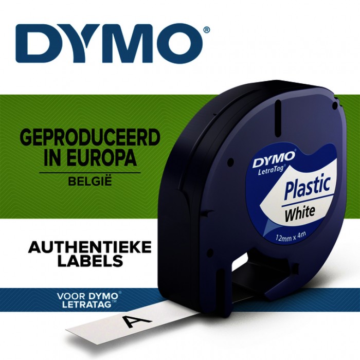 Labeltape Dymo LetraTag plastic 12mm zwart op wit