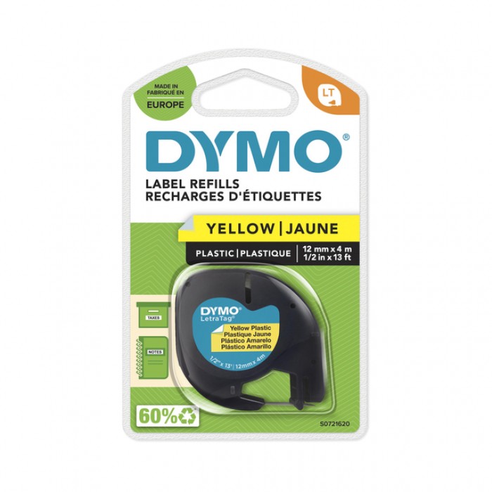 Labeltape Dymo LetraTag plastic 12mm zwart op geel