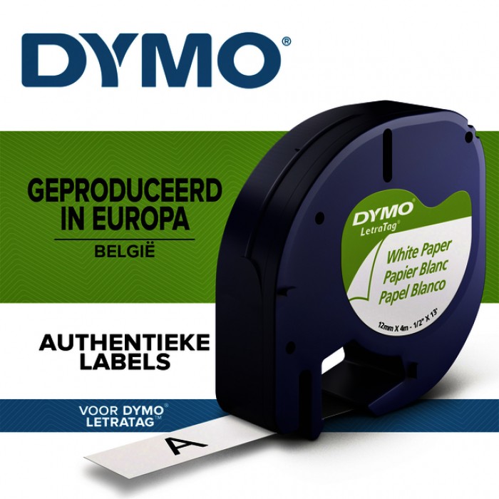 Labeltape Dymo LetraTag papier 12mm zwart op wit