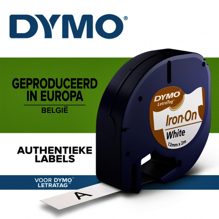 Labeltape Dymo LetraTag strijkbaar 12mm zwart op wit