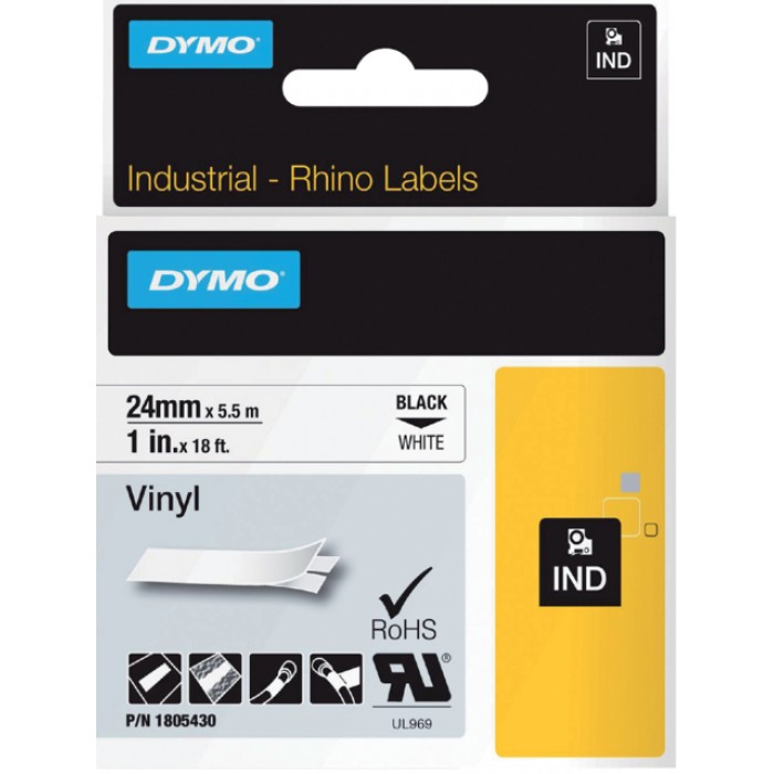 Labeltape Dymo Rhino industrieel vinyl 24mm zwart op wit