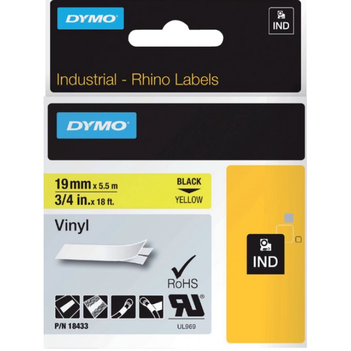 Labeltape Dymo Rhino industrieel vinyl 19mm zwart op geel