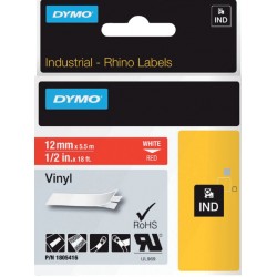 Labeltape Dymo Rhino 18054 vinyl 12mmx5.5m rood op wit