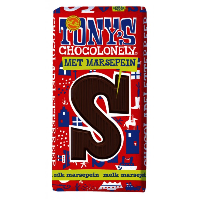 Chocoladeletter Tony's Chocolonely melk marsepein S 180gr