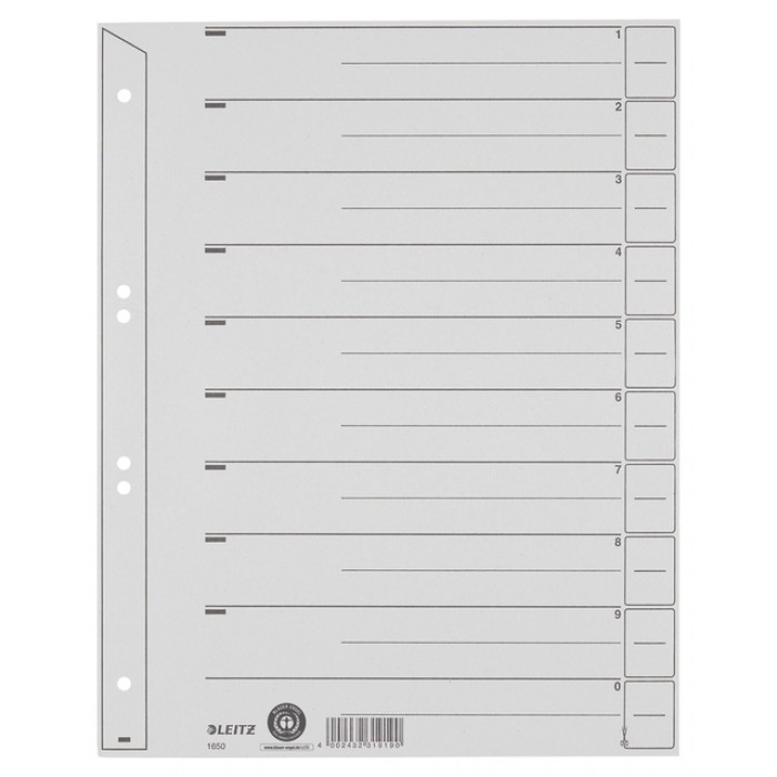 Scheidingsbladen Leitz A4 karton 200gr 6-gaats grijs 100 stuks