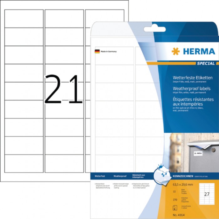 Etiket HERMA 4864 63.5x29.6mm polyester wit 270stuks