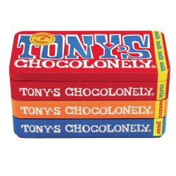 Chocolade Tony's Chocolonely puur-melk en karamel zeezout blik 540gr