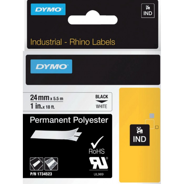 Labeltape Dymo Rhino industrieel polyester 24mm zwart op wit