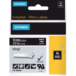 Labeltape Dymo Rhino 18054 vinyl 12mmx5.5m wit op zwart
