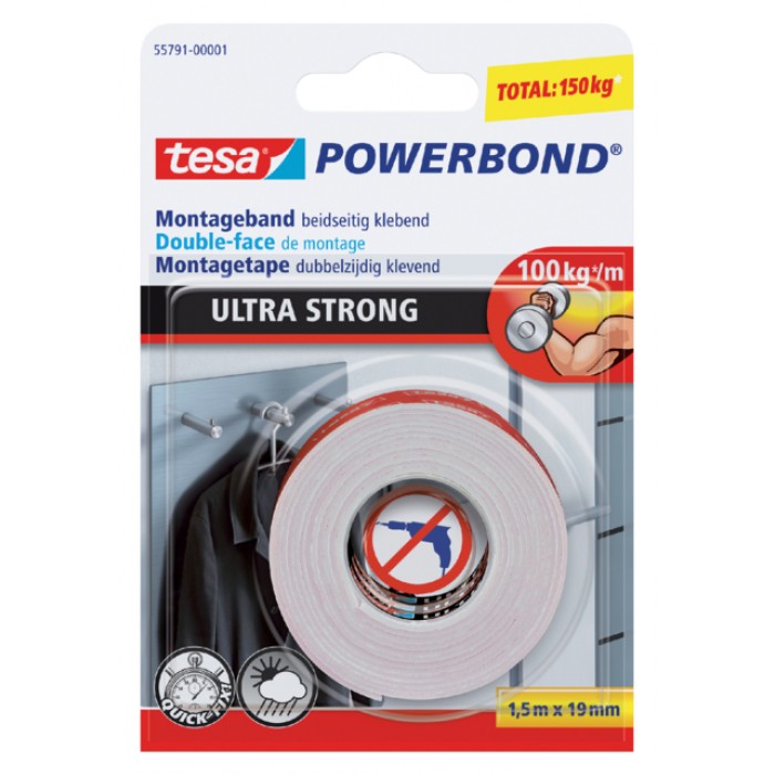 Plakband tesa® Powerbond Ultra Strong dubbelzijdig 1,5mx19mm wit