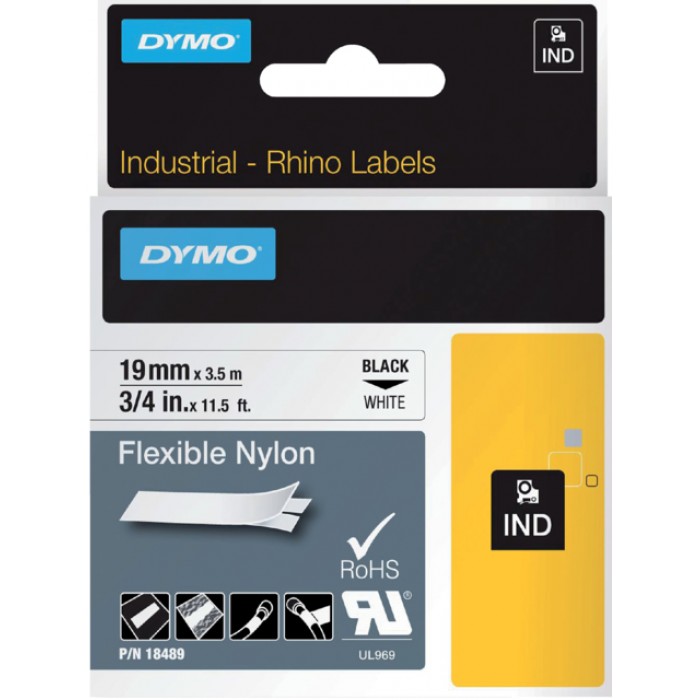 Labeltape Dymo Rhino industrieel nylon 19mm zwart op wit