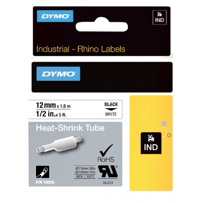 Labeltape Dymo Rhino industrieel krimpkous 12mm zwart op wit