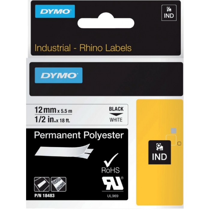 Labeltape Dymo Rhino industrieel polyester 12mm zwart op wit