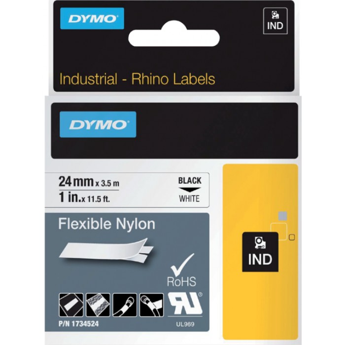 Labeltape Dymo Rhino industrieel nylon 24mm zwart op wit