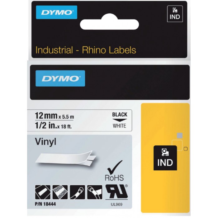 Labeltape Dymo Rhino industrieel vinyl 12mm zwart op wit