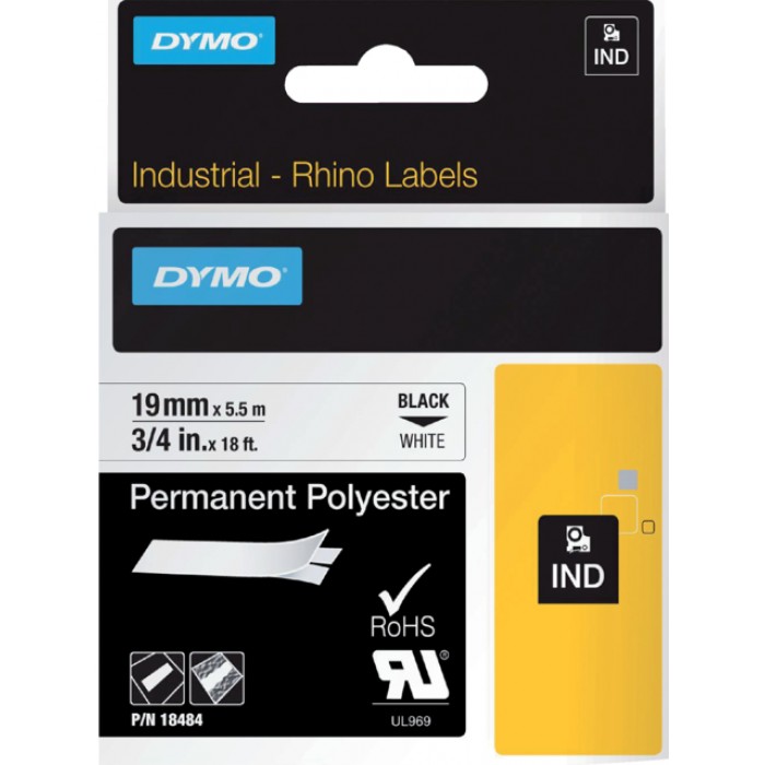 Labeltape Dymo Rhino industrieel polyester 19mm zwart op wit